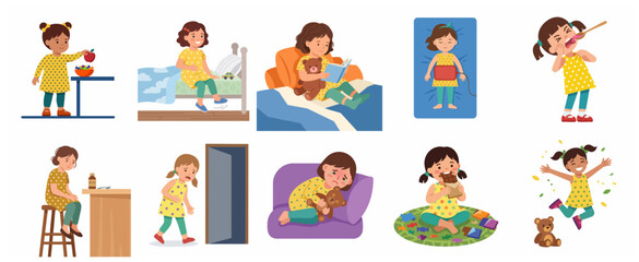 Fototapeta premium Little Girl Experiencing Stomach Ache, Taking Medicine, and Feeling Healthy Set of Vector Illustrations