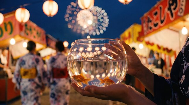 Hand holding a glass bowl with goldfish at a vibrant Japanese summer festival night with fireworks and red paper lanterns