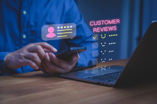 Man using smartphone for online customer review. Five star rating and satisfaction feedback concept for business service quality and digital experience.