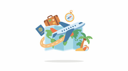 Fototapeta premium Colorful travel illustration with airplane map and luggage on white background