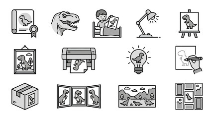 Fototapeta premium Dinosaur education and creative activity line icon set.