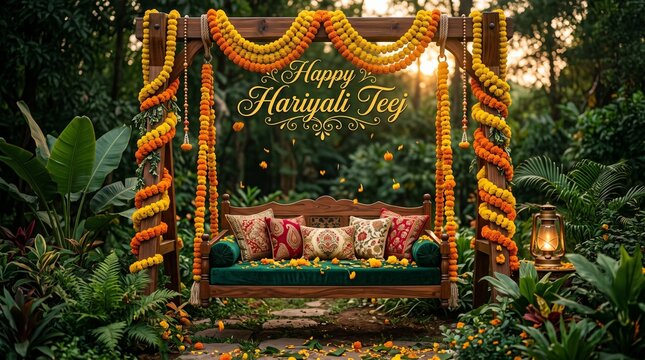 Happy Hariyali Teej festival celebration background with traditional decorated wooden swing in beautiful garden