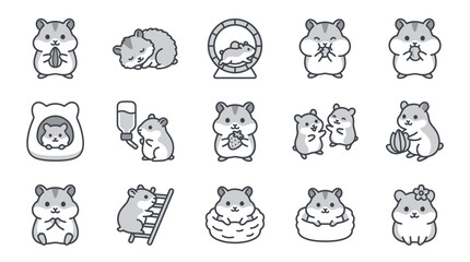 Obraz premium Hamster activities and pet care line icon set.