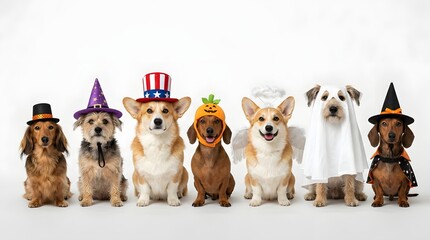 Naklejka premium Group of cute dogs in halloween costumes isolated on white background