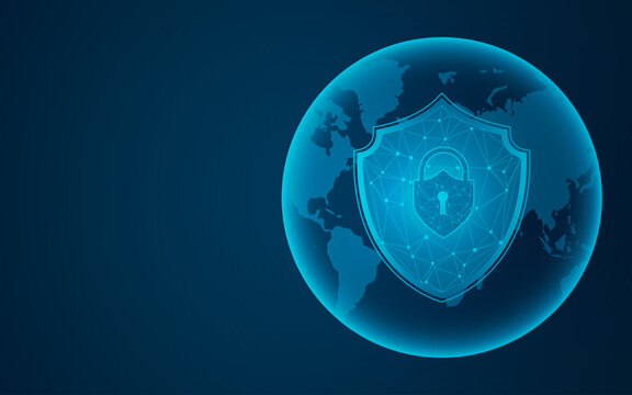 Blue global cyber security background featuring a glowing shield lock at the center of a digital interface with world map and network icons ideal for data protection privacy and secure tech themes