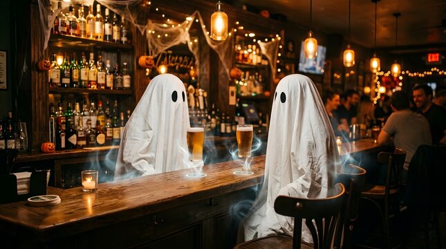 Two ghosts sitting at a bar counter drinking beer in a dimly lit pub decorated for halloween
