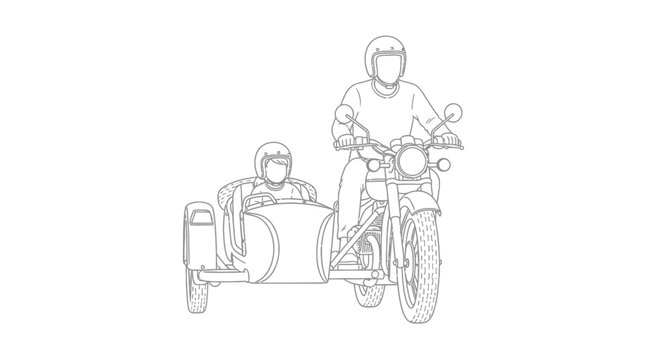 Motorcycle with sidecar and two riders illustration.