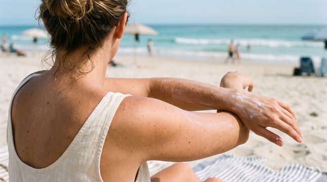 Back view of a woman applying sunscreen lotion on her arm at a sunny beach during summer vacation