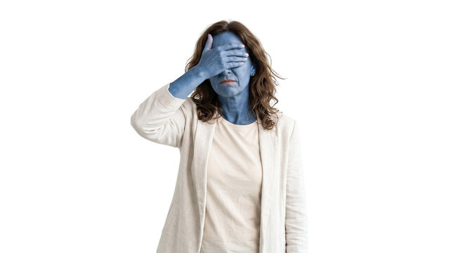 Woman with blue skin covering her face with her hand isolated on transparent background