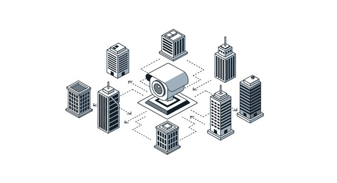 A security camera monitors multiple office buildings in an isometric network view