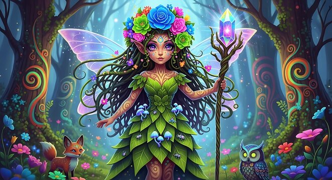 Fantasy Forest Fairy with Magical Staff in Enchanted Woods.