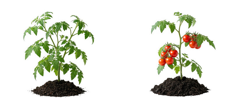 Two tomato seedlings in black soil pots isolated on transparent background