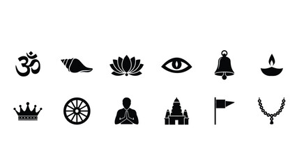 Obraz premium Minimalist black and white icon collection showcasing spiritual and cultural symbols for meditation