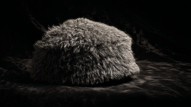 A Karakul fur hat resting on dark velvet, showcasing its texture.
