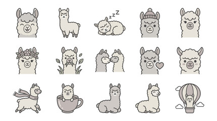 Whimsical llama doodle icons with various lifestyle themes. © anjaymabar