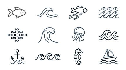 Minimal marine life and ocean line icons. © anjaymabar