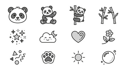 Minimal panda icons with weather and nature symbols. © anjaymabar