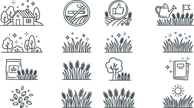 Agriculture and organic farming line icon set featuring wheat field country house seeds fertilizer and harvesting tools,