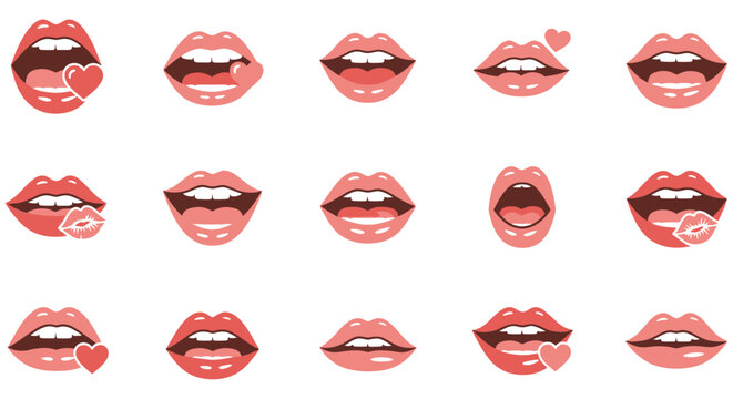 Collection Of Red Lips With Heart Motifs Vector Illustration On White Background