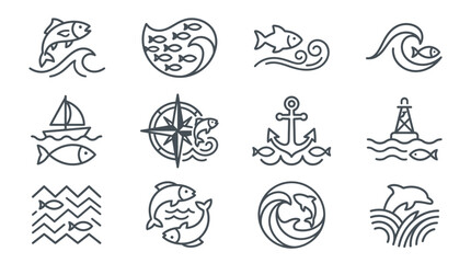 Obraz premium Ocean adventure and nautical line icons set.