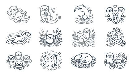 Fototapeta premium Otter family and sleeping wildlife line art icons.