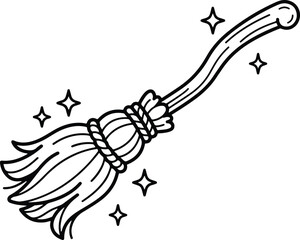 Fototapeta premium Halloween broomstick coloring page for kids and adults spooky witch broom illustration