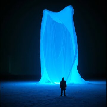 Man standing before a giant glowing blue fabric installation at night