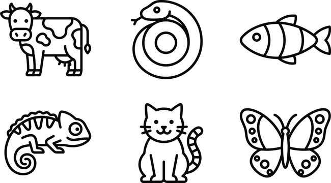 Animal and pet wildlife line icon set featuring domestic cow snake fish chameleon lizard cat and butterfly,