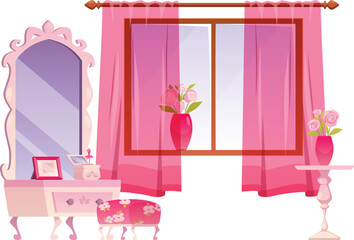 A feminine pink room interior with a window, curtains, a mirror, an ottoman, and vases of roses. © sabelskaya
