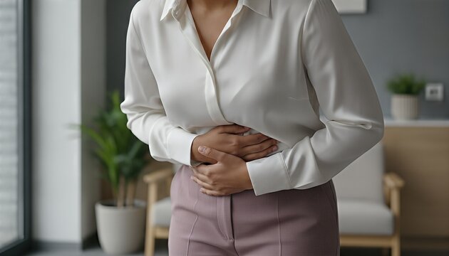 Young woman sitting on a minimalist white chair in a modern clinic waiting area, leaning forward while pressing hands to her abdomen in discomfort