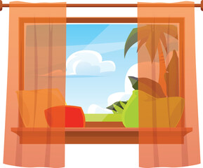 Window with orange transparent drapery tulle curtain on cornice and pillows on the windowsill, vector home textile shade © sabelskaya