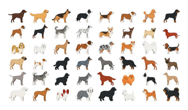 Large Collection of Adult Dog Breeds Flat Vector Illustration with Popular Domestic Pet Dogs Isolated