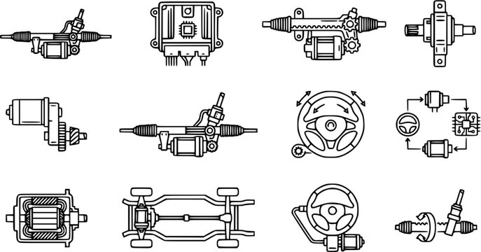 Automotive Steering System Components, Electronic Control Unit, Chassis - Line Art Icons