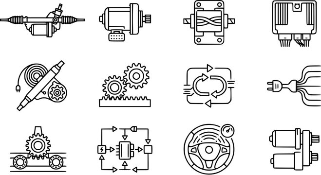 Automotive Electric and Mechanical Parts Line Art Icons Set. Car Engineering Components, Steering Systems, Motors, Gears, and Control Unit Outline Symbols.