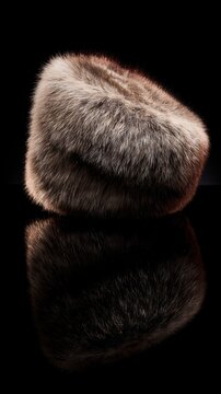 A Karakul fur hat resting on dark velvet, showcasing its texture.
