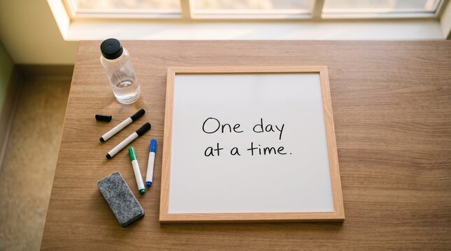 Wooden table with whiteboard text One day at a time and markers near window