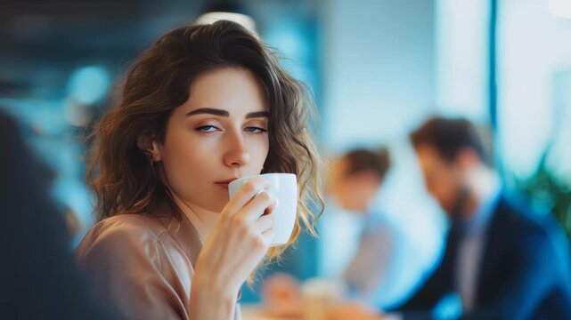 A fashionable woman with curly hair sits in a trendy coffee shop, sipping her drink and making eye contact with the viewer. The cozy ambiance and blurred background create a warm, inviting mood