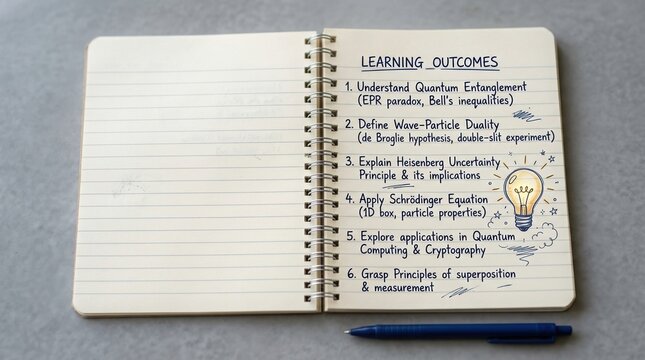 Quantum physics learning notes in notebook, Open spiral notebook with handwritten quantum physics learning outcomes, pen on desk, clean educational layout, top view, concepts of quantum mechanics