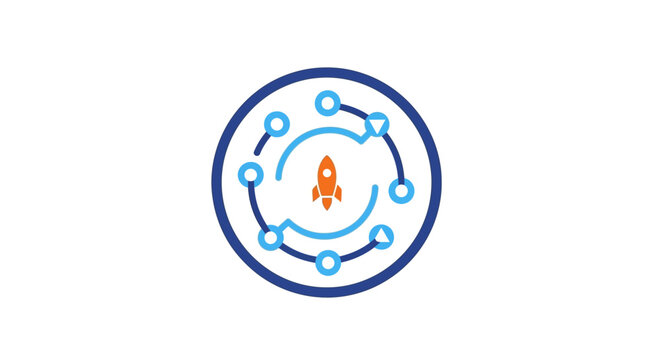 A minimalist graphic icon featuring a rocket ship inside a circular network diagram