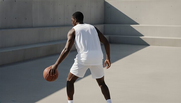 Athletic Black man wearing a blank white basketball uniform dribbling on a sleek concrete outdoor court