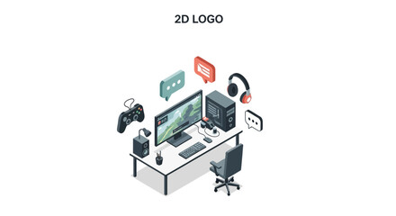 An isometric illustration of a modern computer gaming workstation setup © Pendekar
