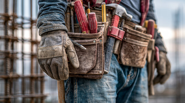 Close-up of a worker's dusty tool belt on a construction site with rebar.