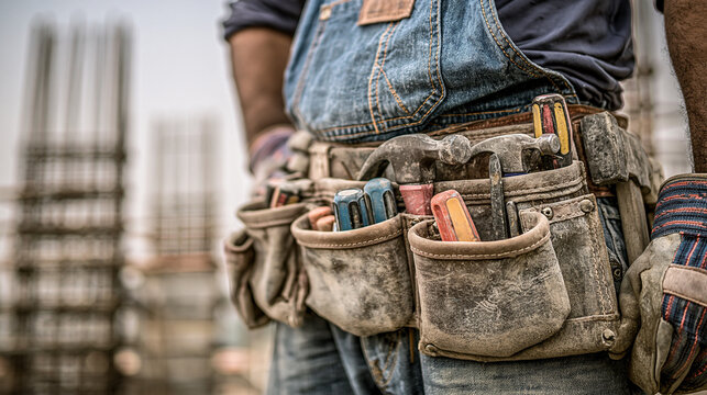 Close-up of a worker's dusty tool belt on a construction site with rebar.