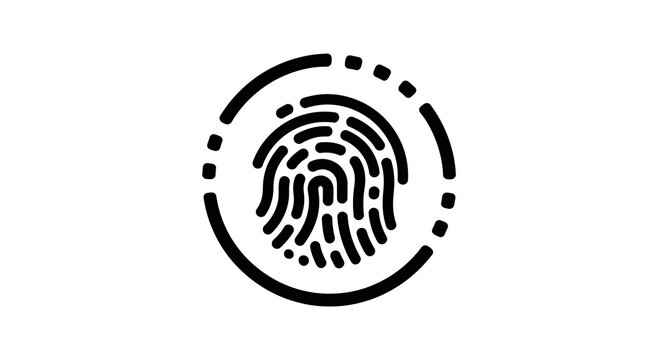 A black and white graphic of a fingerprint within a circle with a dashed border