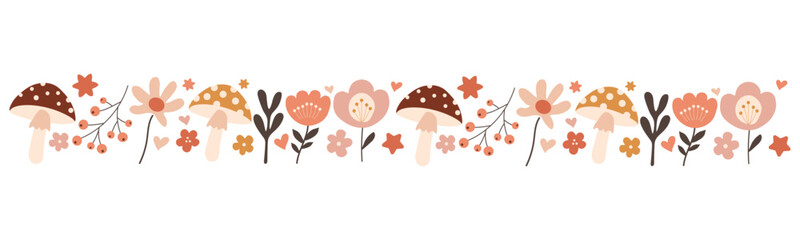 Fairytale mushroom border with woodland flowers and stars on white background for scandinavian nursery wall stickers greeting card framing and commercial stationery decor print © Jennie