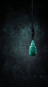 A slender green jade pendant shaped like a silique on a dark background.
