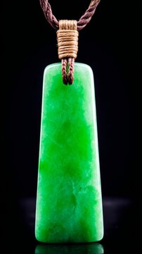 A slender green jade pendant shaped like a silique on a dark background.
