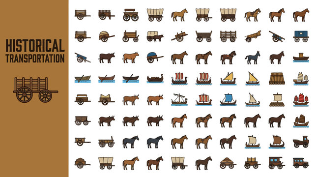 Collection of historical transportation icons representing various modes of travel throughout history