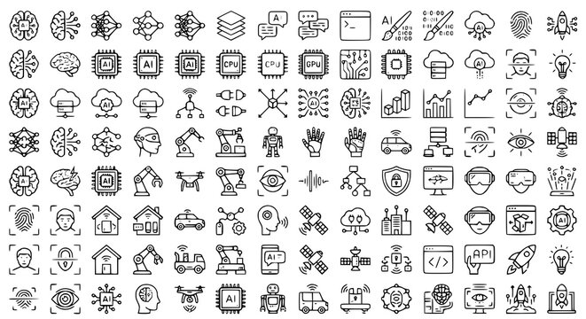 100 Cyberpunk Neon AI Outline Icons Collection with Machine Learning Robotics and Smart Technology