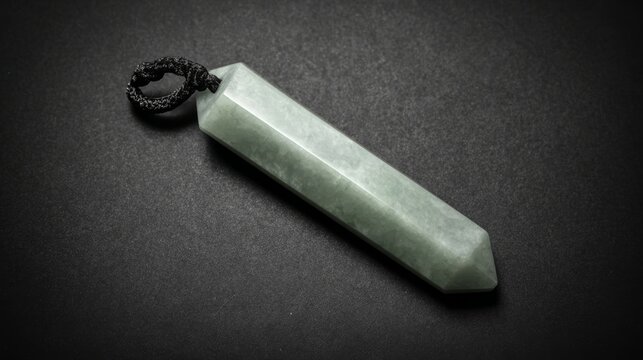 A slender green jade pendant shaped like a silique on a dark background.
